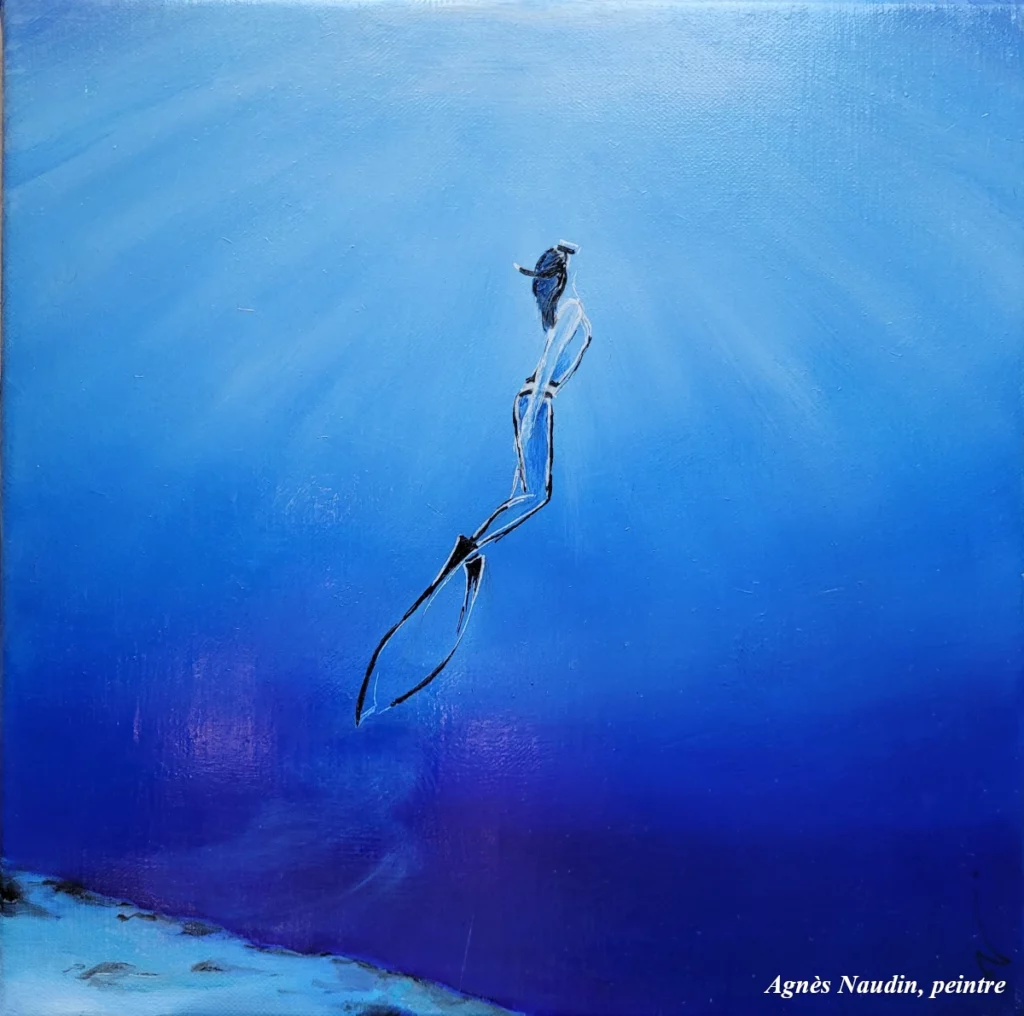 Deep Blue - Peinture de Agnès Naudin - Huile sur toile - 30 x 30 - 2023

Apnéiste remontant vers la surface et la lumière
