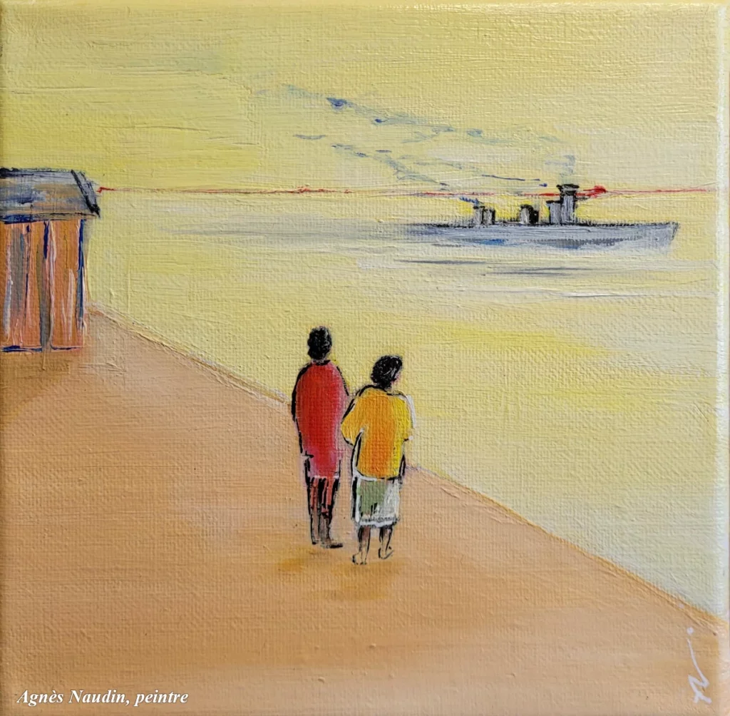 Pousuite sur le fleuve Amazone - Peinture de Agnès Naudin - Huile sur toile - 20 x 20 - 2023