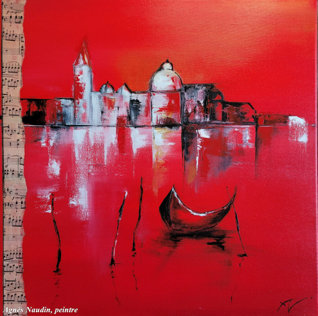 Rouge Venise - Peinture de Agnès Naudin - Huile sur toile, collage - 40 x 40 - 2022